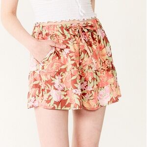 🌻3/$20 🆕 SO High Rise Tie-Front Ruffle Flowy Floral Coral Pink Shorts, Size XL